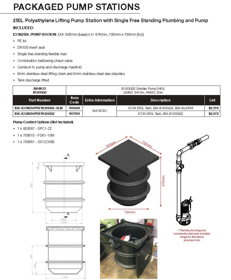 Bianco BIA-ICON250PSFB120GS2-ALM Sewage Pump Station Kit Including B120GS2 Pump, Level Alarm & 250L Tank (805024)